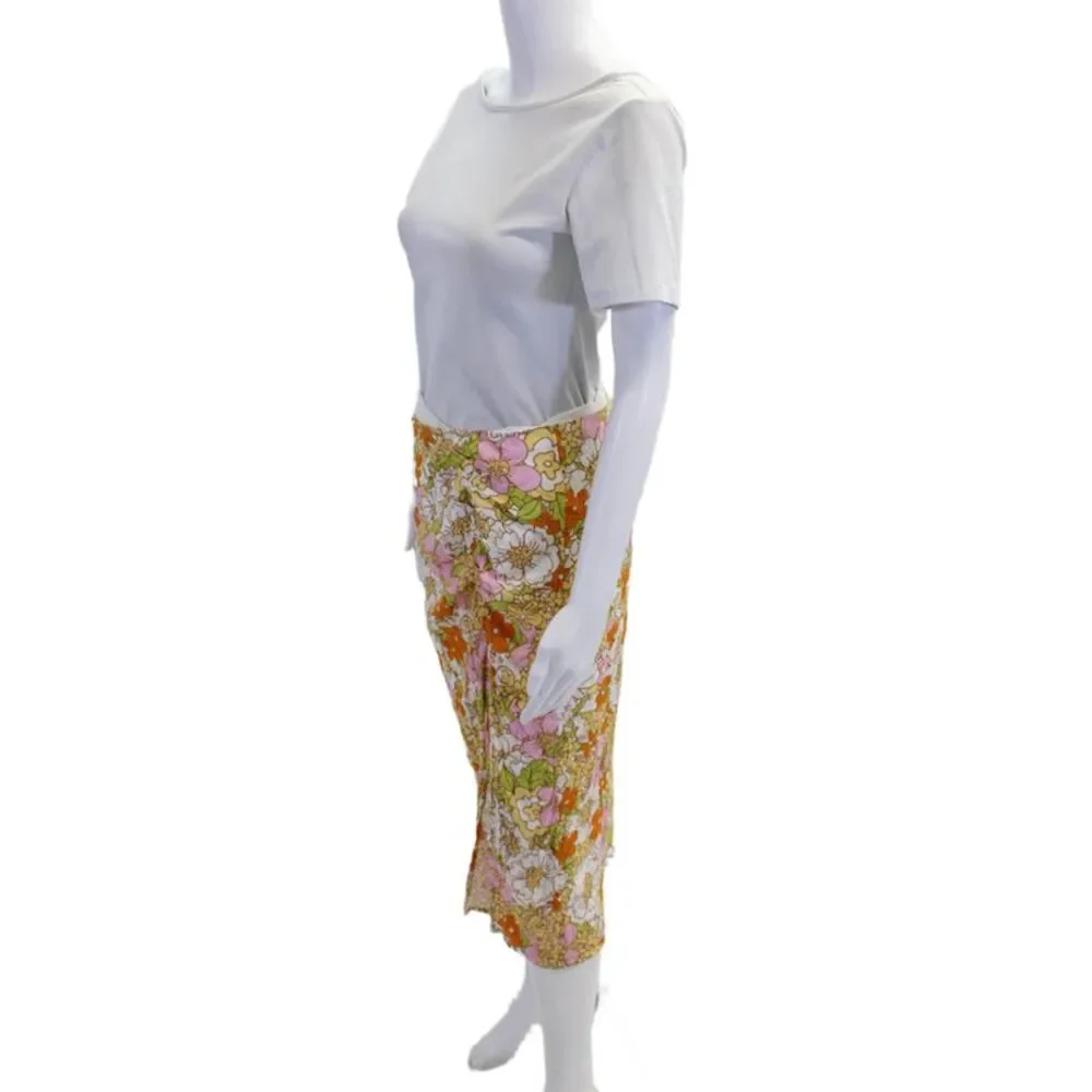Rahi Womens Floral Print High Slit Lined Zip Back Midi Skirt Orange Combo Size S